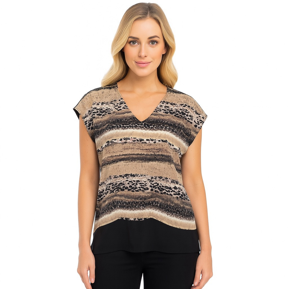 Dana Buchman V-Neck Blouse M Animal Print Cap Sleeve Layered Top